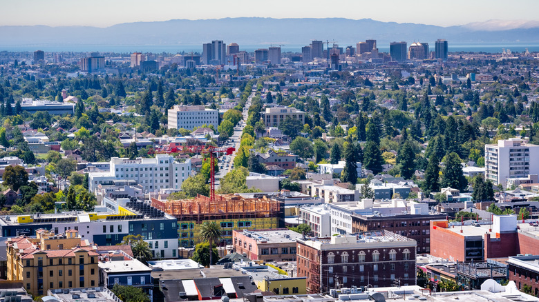 An aerial view of Berkeley and northern Oakland, in the direction of the Southside neighborhood