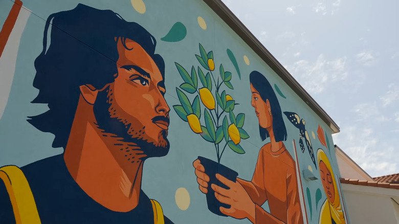 Colorful wall mural of people with lemons in Lemon Grove, California