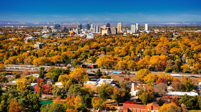 The city of Sacramento, California, surrounded by trees with fall leaves