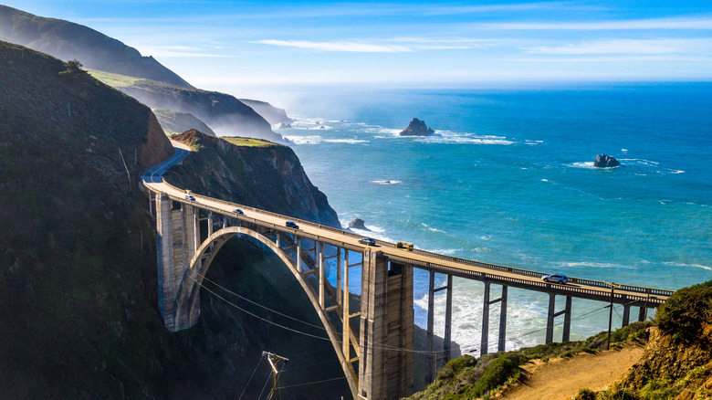 An aerial shot of the Bixby Bridge in Big Sur, California