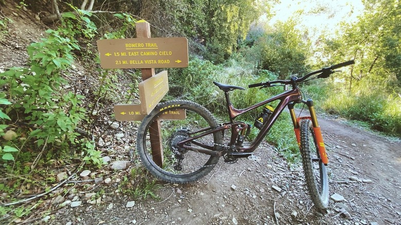 Mountain bike at trail intersection