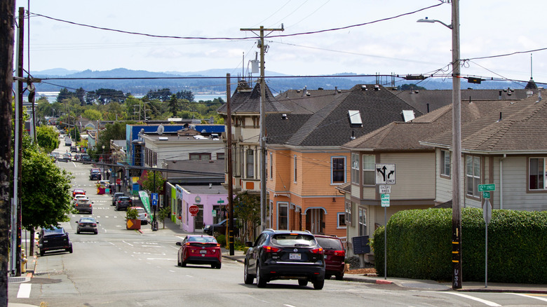 Homes, businesses, and trees line the road in Arcata, California