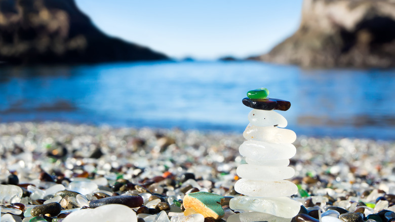 Stacked glass pieces at Glass Beach in MacKerricher State Park, California.