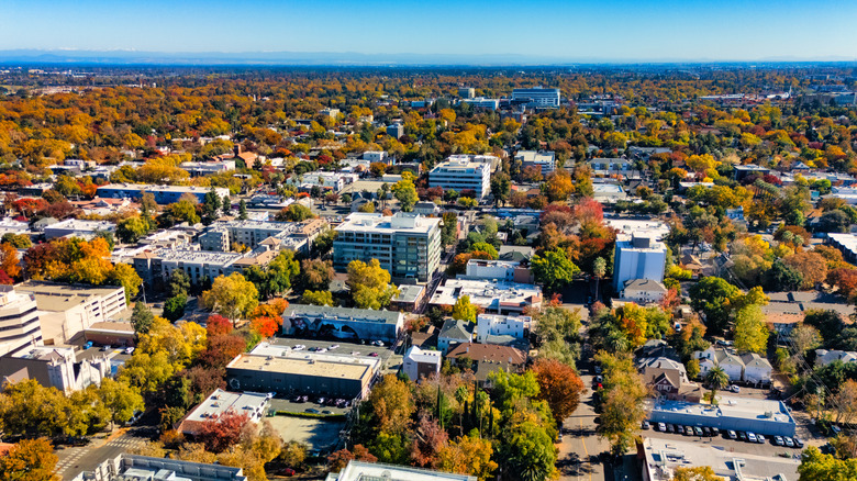 An aerial view of Sacramento in the fall
