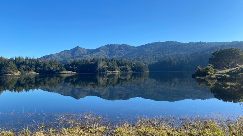 Rolling hills reflected in Bon Tempe Lake in California