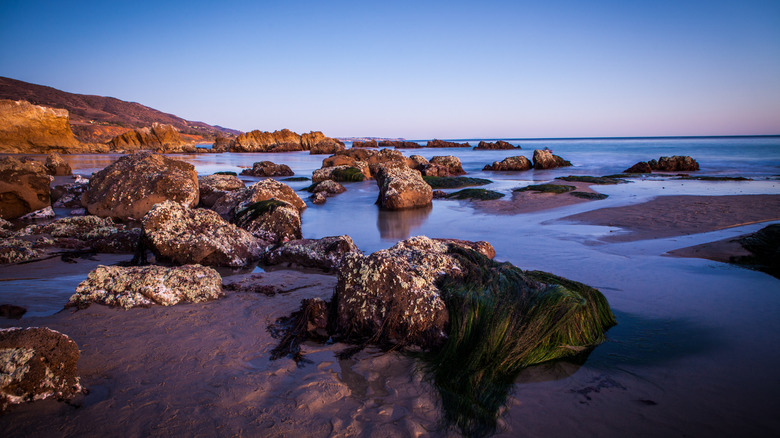 Tide pools and jagged rocks at sunset at Leo Carrillo State Park and Beach, near Malibu, California.