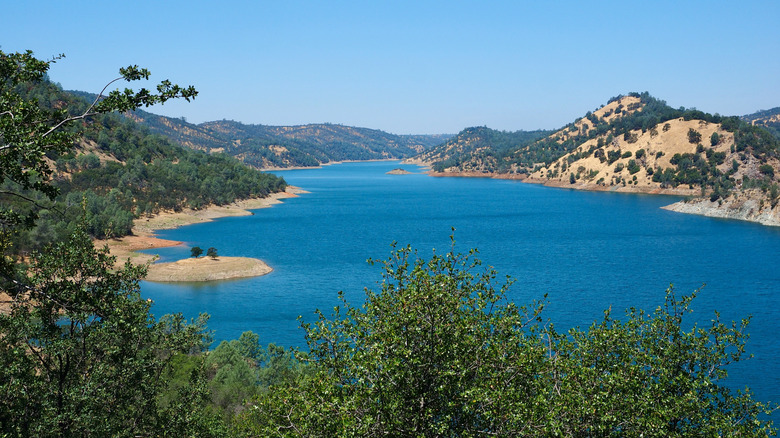 New Melones Lake in California under blue skies and sunshine