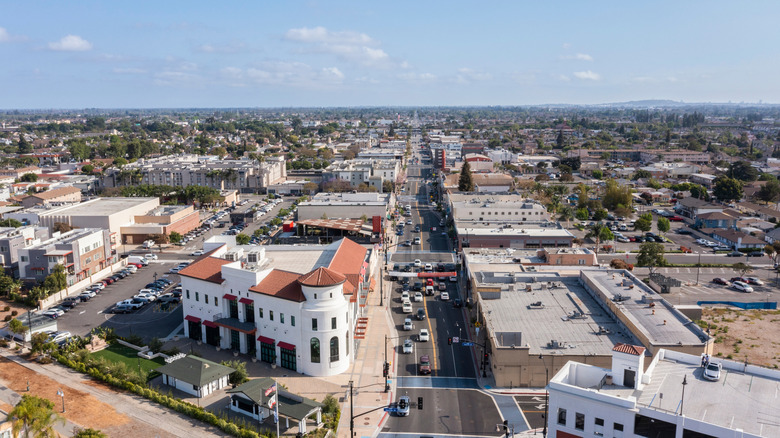 Aerial view of historic downtown Bellflower, California