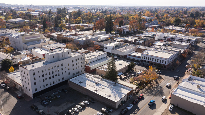 Afternoon aerial view of the historic gold rush era downtown area of Oroville, California