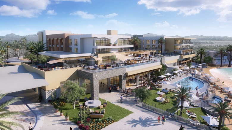 Rendering of the wave pool and hotel at DSRT Surf in Palm Desert, California