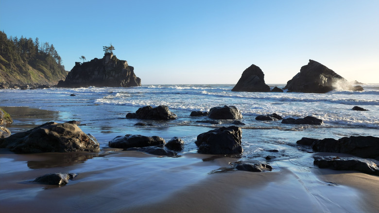 Rocks in sand and waves at Hidden Beach, Klamath, California