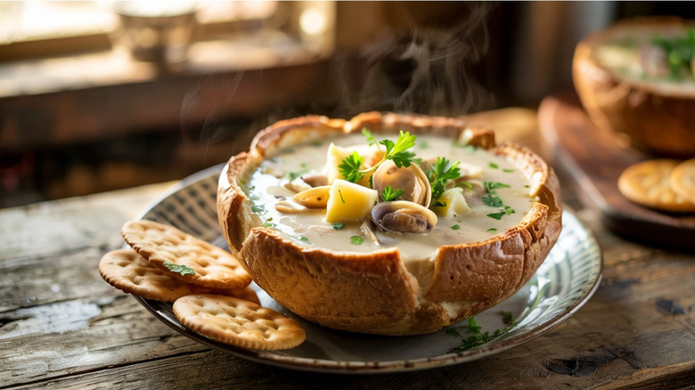 Clam chowder served in a bread bowl
