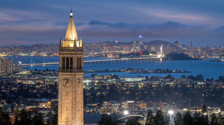 View of downtown Berkeley, California with Sather Tower in foreground