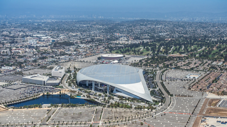 Overhead view of Inglewood and the Sofi Stadium and Kia Forum
