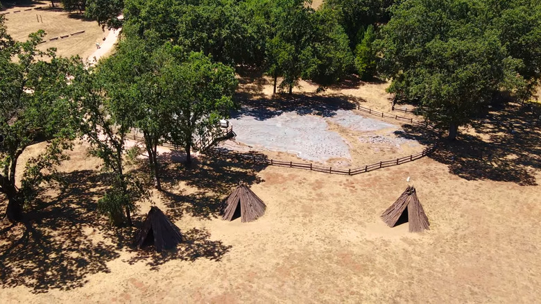 Aerial view of recreations of Indigenous huts at Indian Grinding Rock State Historic Park