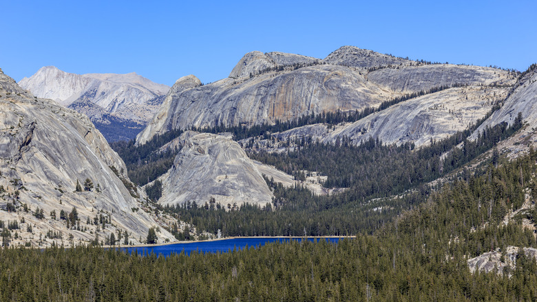 Waters of Tenaya Lake appear blue below granite mountains of Yosemite