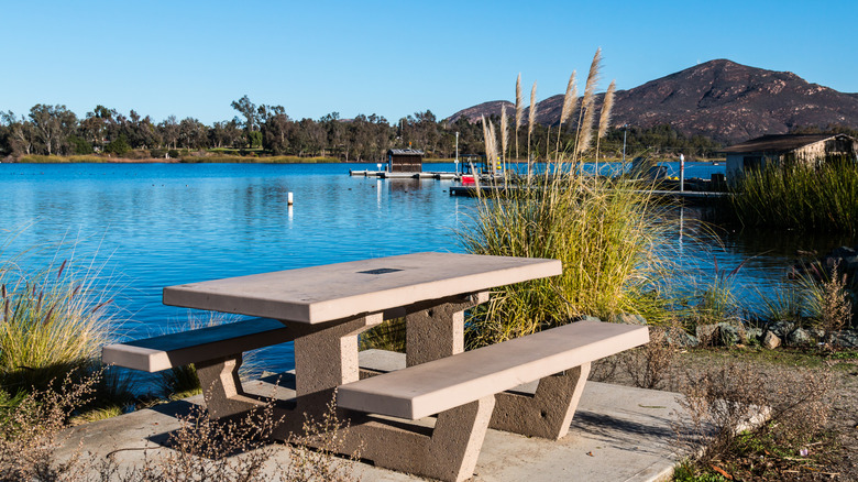 picture of Lake Murray with picnic table and boat dock