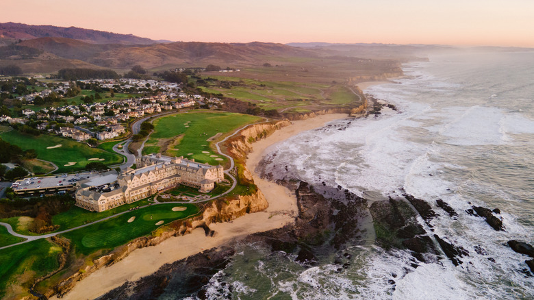 View of Ritz Carlton Half Moon Bay and the coastline from the air