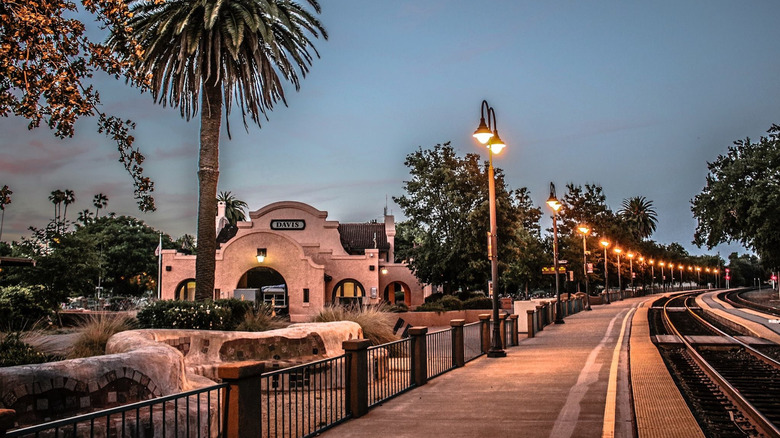 Davis Train Station at night with palm tree and lit up tracks
