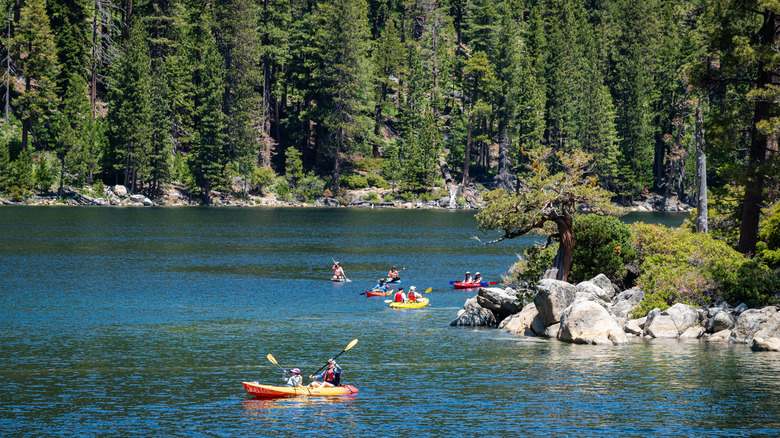 People kayaking in the lake at South Lake Tahoe, California
