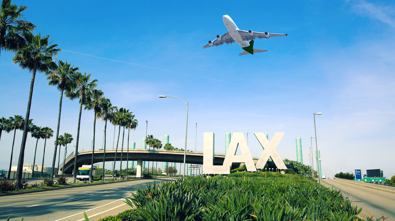 LAX sign with palm trees and plane overhead