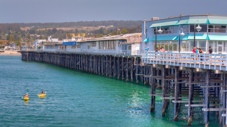 Kayakers paddling next to the pier in Santa Cruz, CA