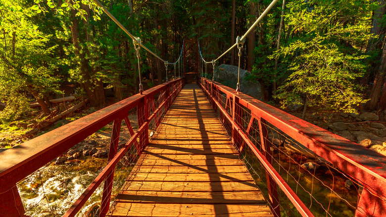 A suspension footbridge leading on the Zumwalt Meadow Loop Trail in Kings Canyon National Park