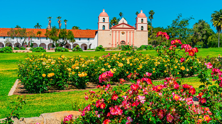 Rose garden with the Santa Barbara Mission in the background