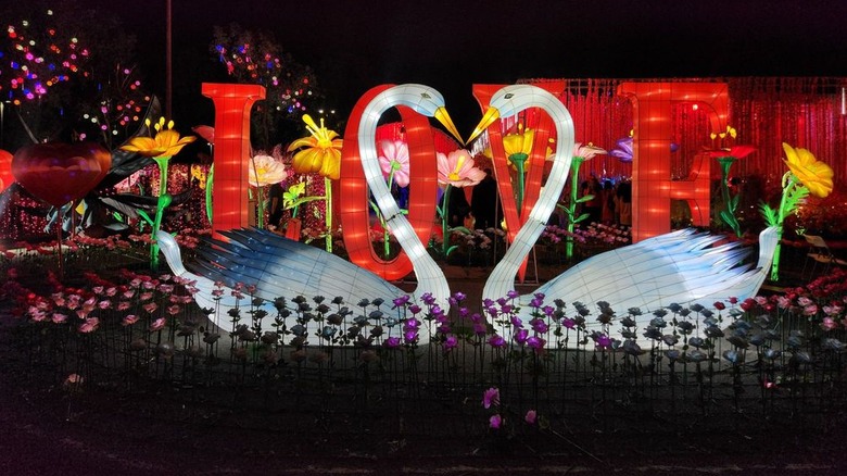 Colorful swan display at Imaginarium at California's Lakewood Center in Lakewood