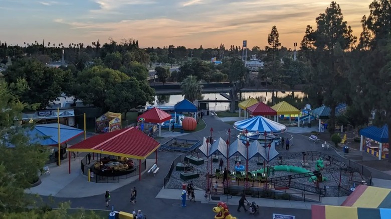 Aerial view of Playland amusement park at sunset, located in Fresno, California