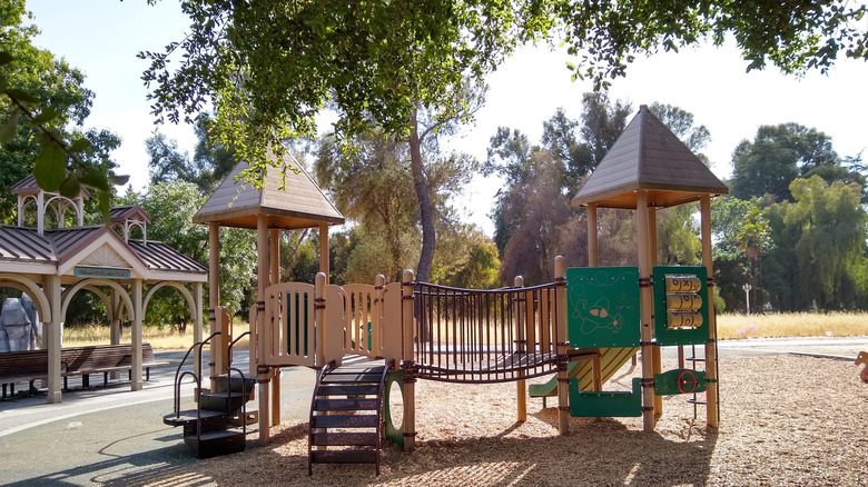 Playground equipment with trees in the background