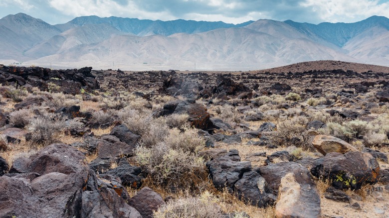 Fossil Falls with views of the Sierra Nevada mountain