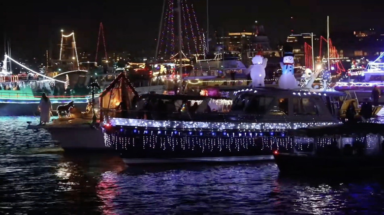 decorated boat on the water during the Newport Christmas Boat Parade