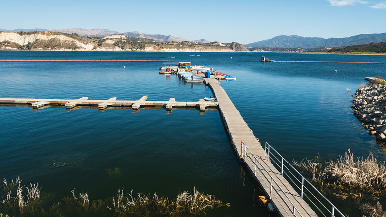 The jetties of Cachuma Lake Marina poke out over the water