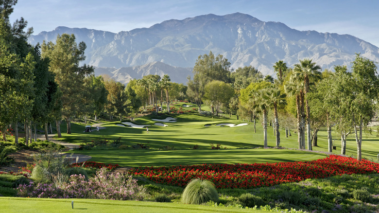 Pristine golf course gardens at a country club in Indian Wells with mountains in the background