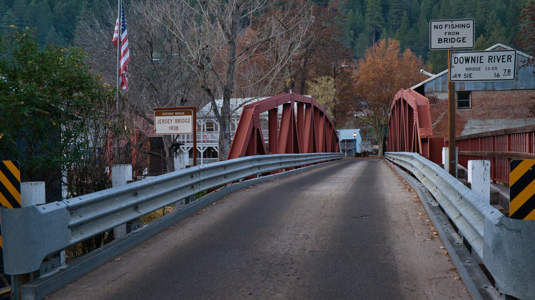 A metal bridge leads the way into downtown Downieville
