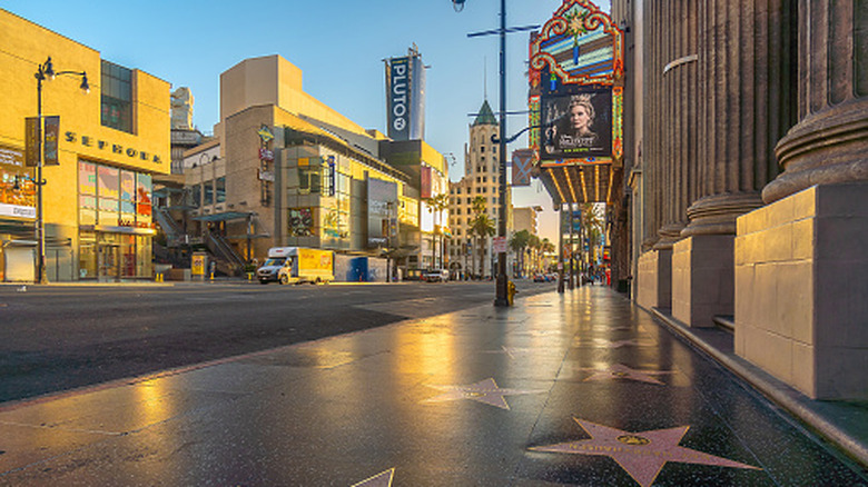 Hollywood Walk of Fame with buildings and signs in the background