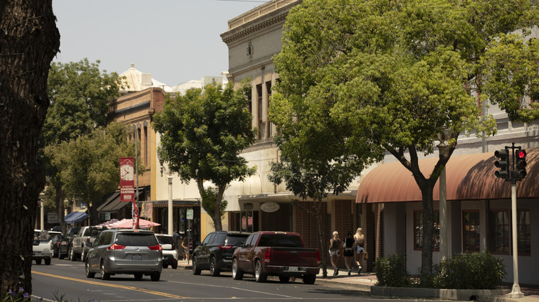 Tree-lined street in downtown Hanford, California
