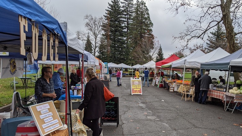 Vendors and shoppers at Carmichael Farmers Market