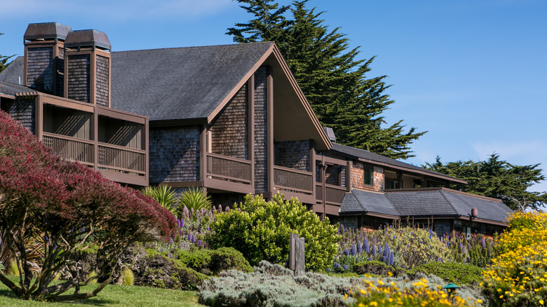 View of The Lodge at Bodega Bay with wildflowers in the foreground