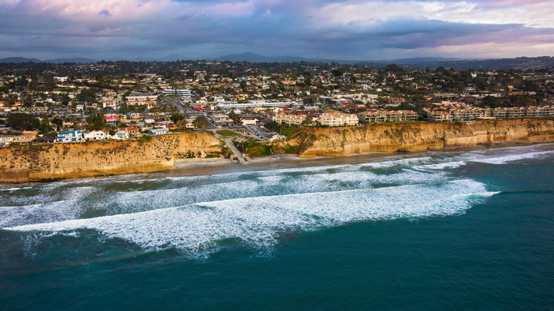 Aerial view of Solana Beach coastline on cloudy day.