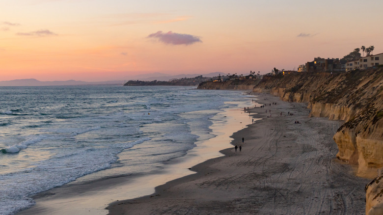 Cliffs above the sandy shoreline of Solana Beach at sunset.