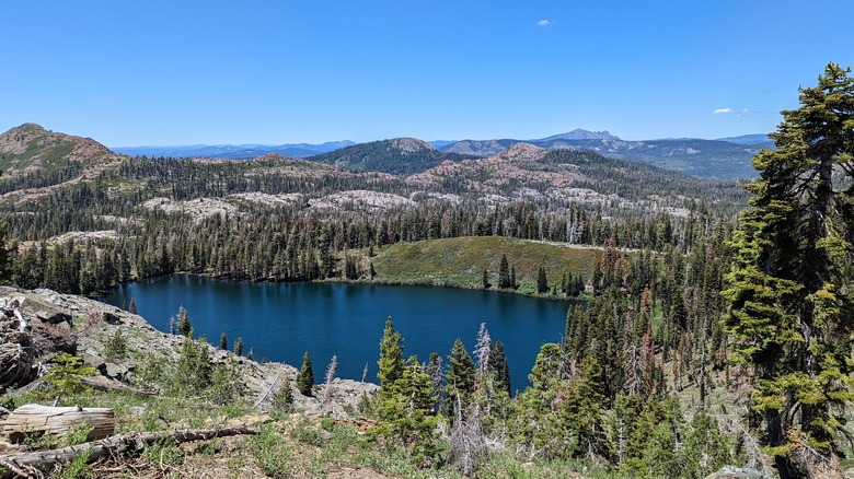 A dark blue lake in a wooded valley at Grouse Ridge Campground in California
