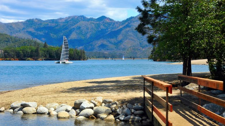 Sailboats on Whiskeytown Lake, California, on a slightly cloudy day