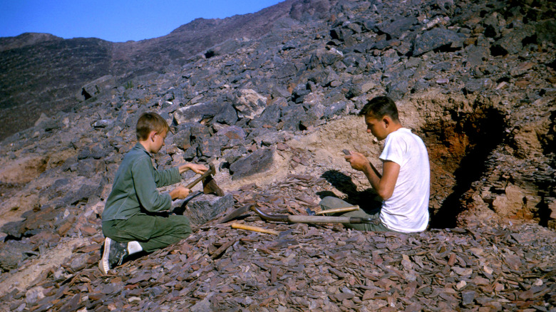 Boys looking for fossiles in the rocky landscape of Marble Mountain in the Mohave Desert