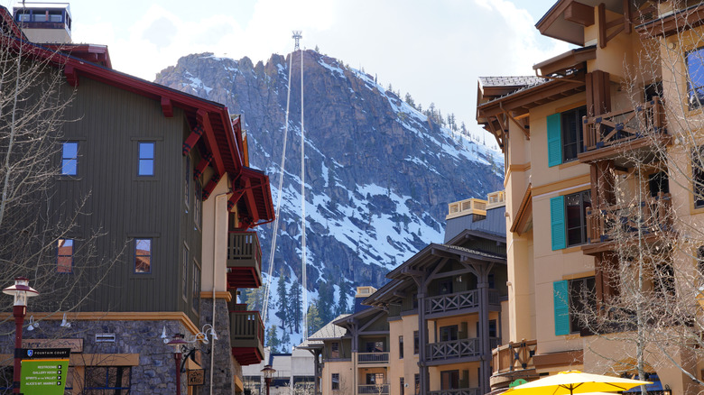 A view of a ski lift at Palisade Tahoe Resort from the village