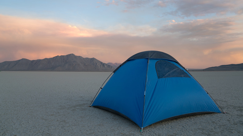 Dome tent in the desert at dusk