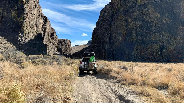 SUV on dirt road in a canyon in Nevada