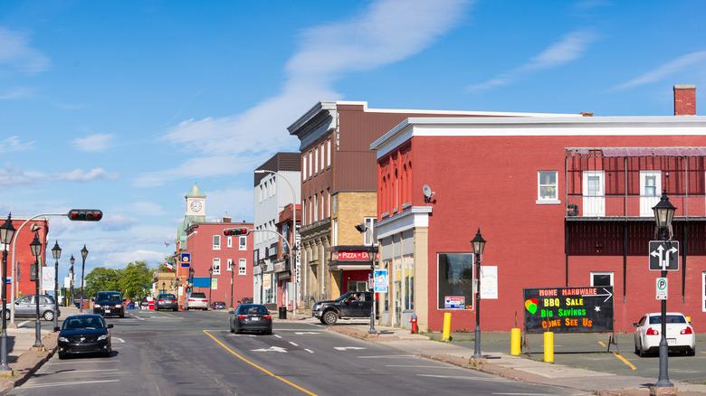 A row of shops and restaurants along Main Street in Downtown Campbellton, NB