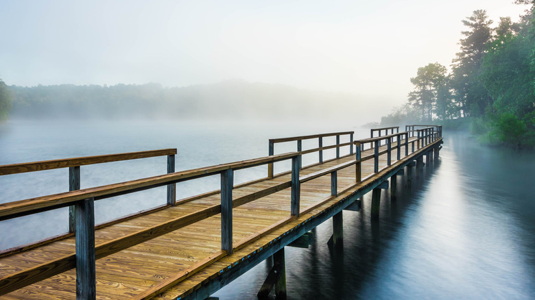 A bridge over a lake with fog rising